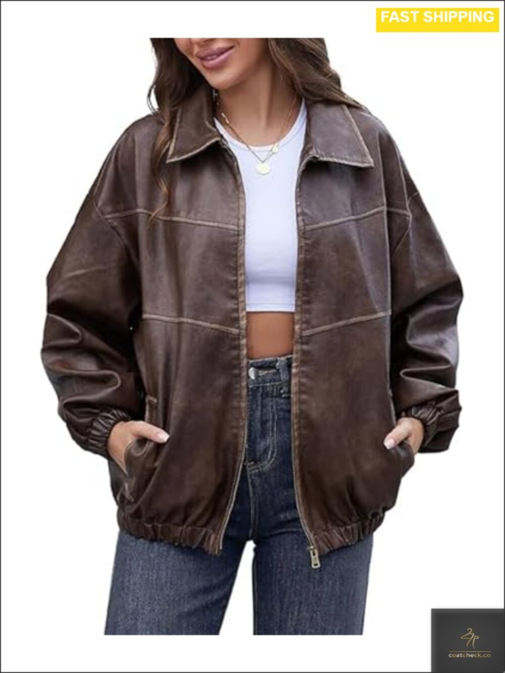 Oversized Faux Leather Jacket Zipper Up Moto Bomber
